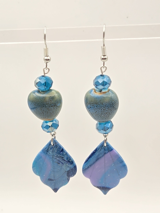 Erins Lovely Creations Jewelry - #B457- Blue Heart & Petal Drop Earrings - Artisan Glass Beads